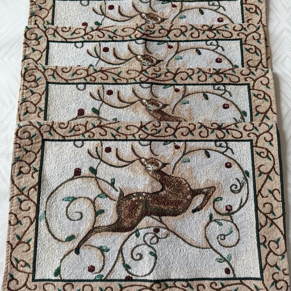 Elegant Reindeer Tapestry Table Placemats Set of 4 - Christmas Holiday